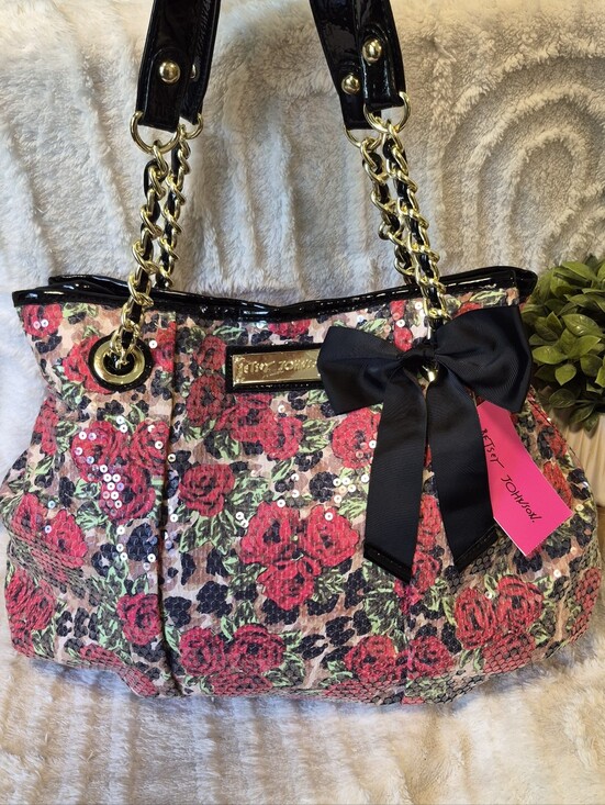 Betsey Johnson Sequined Pleated Tote Black Floral Hobo Handbag Purse Colorful main image 6